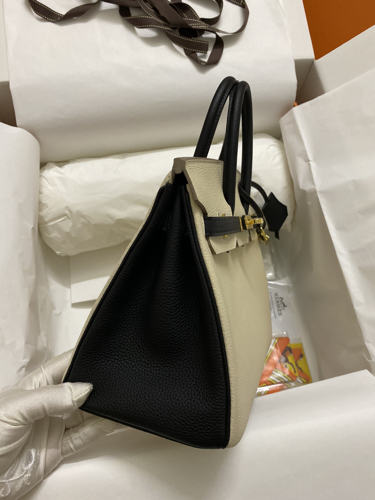 Hermes Birkin 25CM Togo Leather Handbag White Black